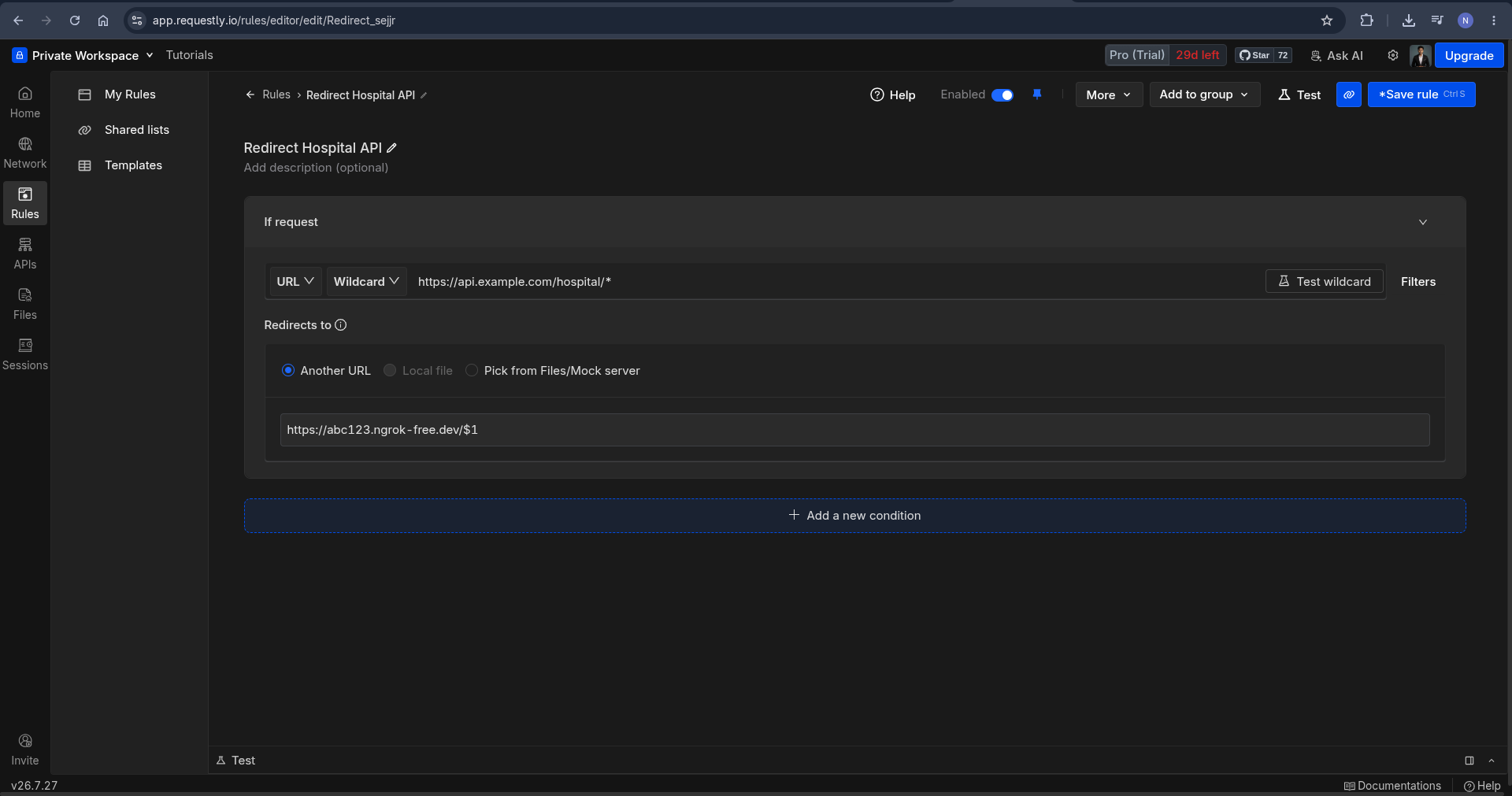 Configuring Requestly Redirect Rule with ngrok destination URL